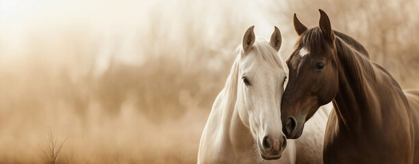 Horse couple. Two animals, white and black, beautiful heads. Farm love banner. Happy arabians portrait. Equestrian background with horse kiss and hug. Summer pet friendship, nature family, cute pair