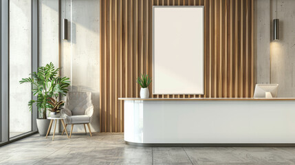 A sleek, modern reception area featuring wooden paneling, a white countertop, plants, and a cozy armchair, exuding a welcoming and professional ambiance.