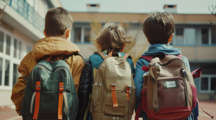 Three children with colorful backpacks face away from the camera as they walk towards a school building, capturing the essence of school life and friendship.
