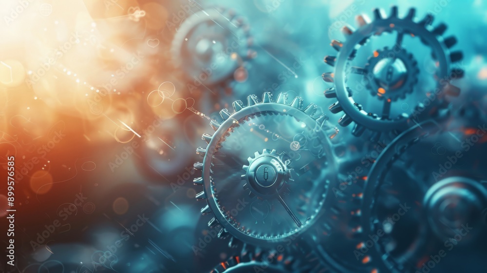 Poster close-up of mechanical gears with a blend of blue and orange lights. industrial engineering and mach