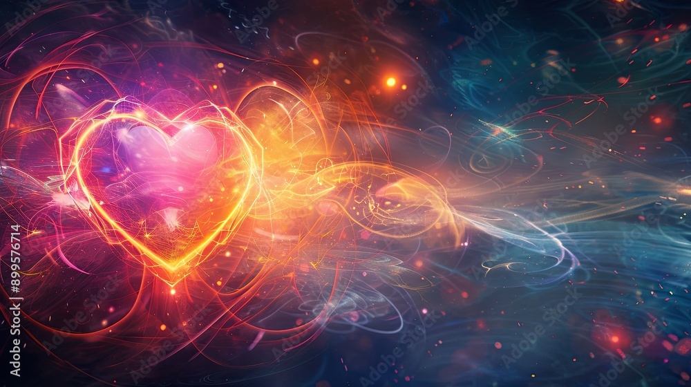 Poster radiant spiritual heart illuminating enlightenment through geometric light waves in a magical cosmic