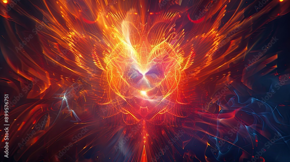 Poster spiritual phoenix surrounded by radiant geometric light waves representing heart-centered enlightenm