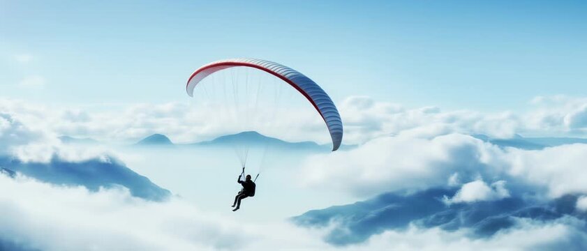 Paragliding & Adventure Sports.  Paraglider Soars Above the Clouds: Breathtaking Aerial Views of Mountains and a Blue Sky. Adventure, Freedom, Extreme Sports Concept.