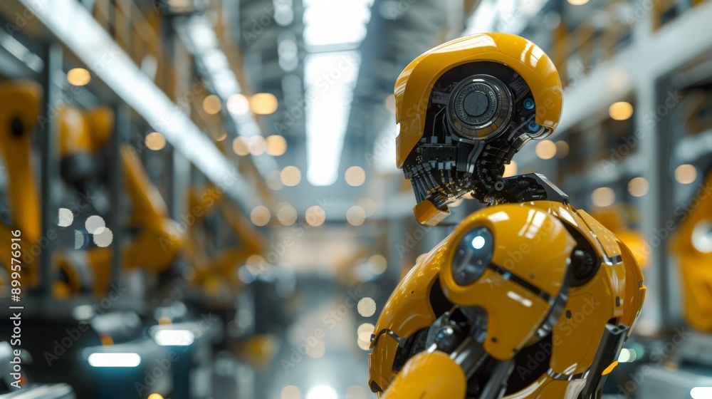 Aufkleber Yellow humanoid robot in a high-tech factory setting. Concept of industrial automation and robotics innovation.