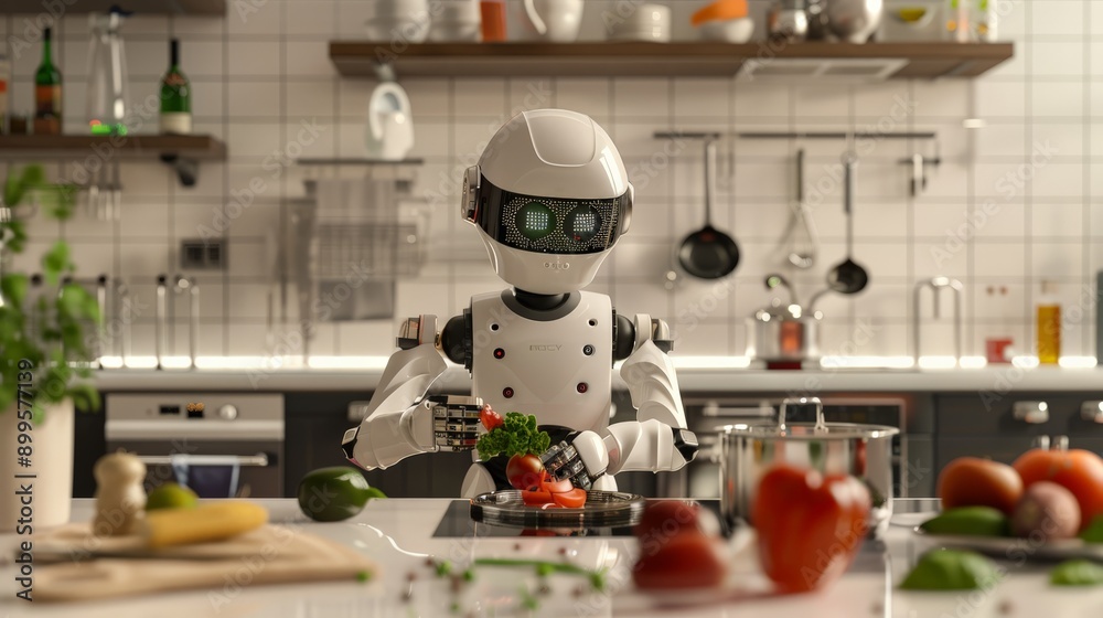 Poster Humanoid robot preparing a meal in modern kitchen with fresh vegetables. Advanced AI and robotics in home automation.