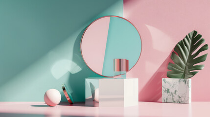 Fototapeta premium A chic still-life setup featuring a round makeup mirror, elegant decor, and a tropical leaf, evoking a serene, modern aesthetic and beauty routine.