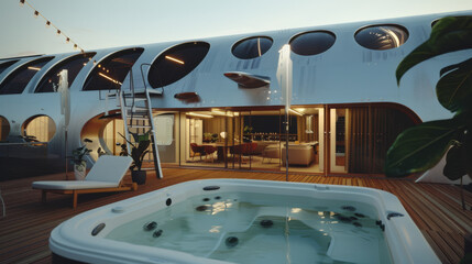 Obraz premium A luxurious outdoor deck features a hot tub, modern seating, and elegant decor, creating an inviting space for relaxation and socializing.