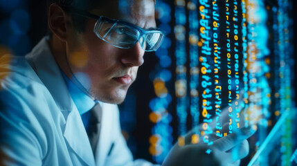 A focused scientist analyzes data with digital screens displaying binary code, demonstrating modern research techniques.