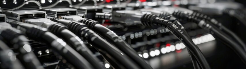 Naklejka premium High-Performance Networking Solutions in Data Centers, showcasing fiber optic cables, minimalist design, emphasizing efficiency and innovation in technology infrastructure
