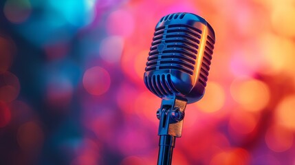 retro Lively Singing microphone on colorful background. Musical mic equipment