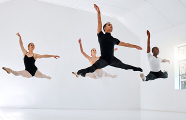 Ballet, dance and group jump in exercise with practice for performance art, elegance or learning. Diversity, ballerina and students with training in class for dancing academy, teamwork and balance