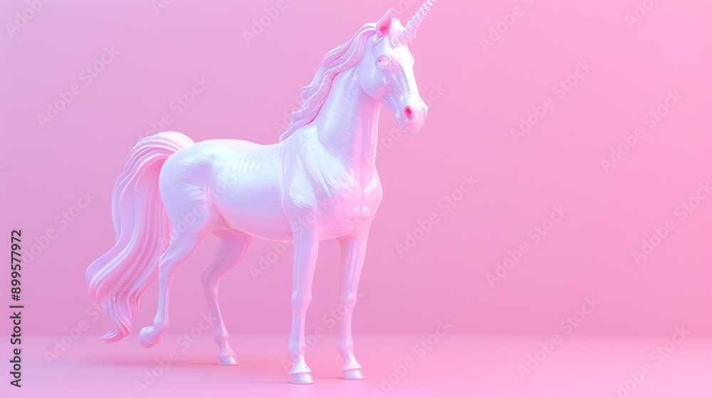 Canvas Prints A 3D rendering of a white unicorn with a rainbow mane and horn against a pink background.