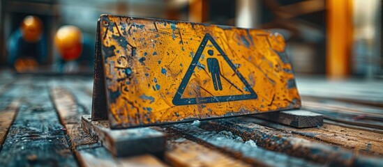 Close-up of a Worn-out Yellow Warning Sign