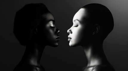 Fototapeta premium Two faces, one dark and one light, facing each other against a minimalistic black background, showcasing contrast and harmony.