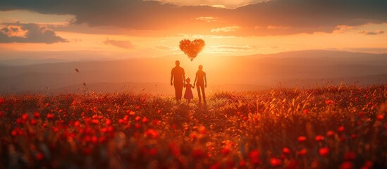 Fototapeta premium Silhouettes of a Family at Sunset with a Heart