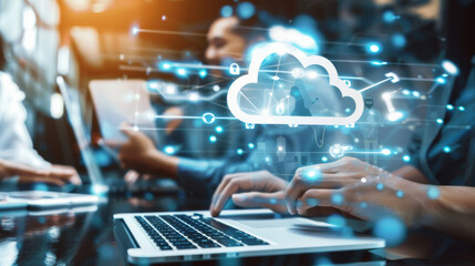 Hands typing on a laptop amidst a dynamic office, overlaid with a glowing cloud and social media icons illustrating cloud computing and connectivity.