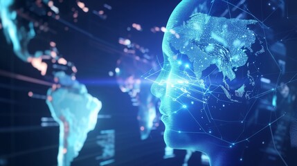 A striking digital artwork featuring a human face blended with a world map, illuminated in blue tones. The intricate design symbolizes global connectivity, advanced technology, and futuristic AI.