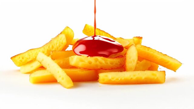 Crispy golden french fries with ketchup pouring on top