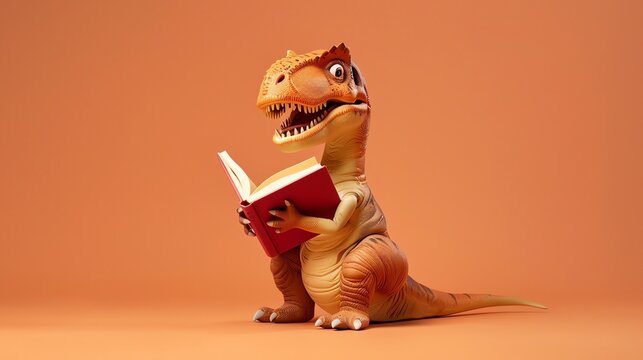 A cartoon dinosaur reading a book.