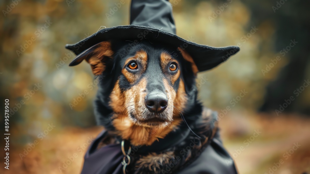 Sticker A black and brown dog wearing a witch hat looks intently at something off camera.