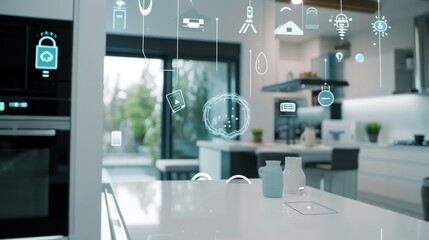 A bright, modern kitchen equipped with smart home technology. Digital icons float around the space, illustrating various smart functions. The minimalist design emphasizes clean lines, high-tech