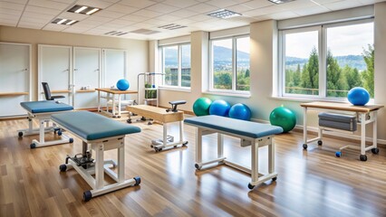 Clean and modern medical office setting with adjustable tables, therapy balls, and medical equipment, awaiting physical therapy sessions for elbow examinations.
