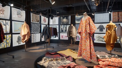 virtual fashion studio where designers collaborate from different locations, with fabric patterns and designs displayed on screens