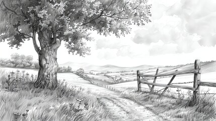 A black and white pencil drawing of a country road.