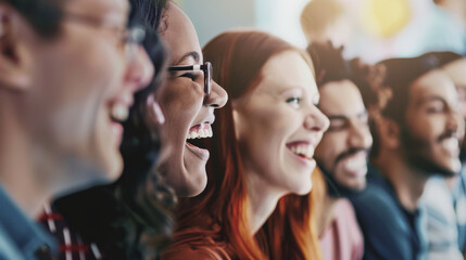 Obraz premium A close-up of a group of diverse friends sharing a joyful moment with bright smiles, reflecting a genuine connection and happiness.