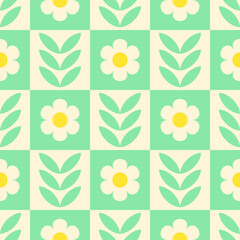 Yellow and white flowers, green leaves on checkered background. Vector seamless pattern, retro pastel colors.