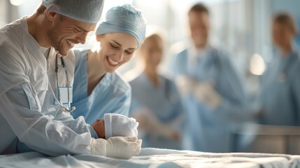 Fototapeta premium Obstetrician holding a newborn baby, parents looking on joyfully in a softly lit, serene environment.
