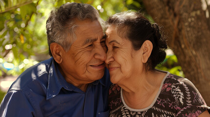 Fototapeta premium An elderly couple shares a tender, intimate moment under the shade of a lush tree, filled with love and warmth.