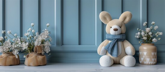 A Plush Bunny Toy Decorates a Light Blue Room
