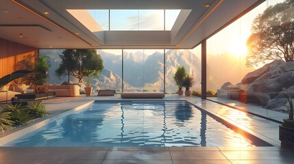 Fototapeta premium Modern minimalist house, floor-to-ceiling windows, air conditioning unit, mountain landscape reflection, intense sunlight, lens flare, sharp shadows, crisp architectural lines.