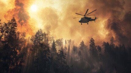 Fototapeta premium A helicopter hovers above a dense forest engulfed in raging wildfires, with the sun casting a dramatic, smoky orange glow over the scene.