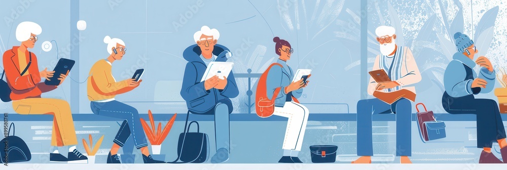 Poster a group of elderly people interacts with various devices while waiting in a contemporary urban setti