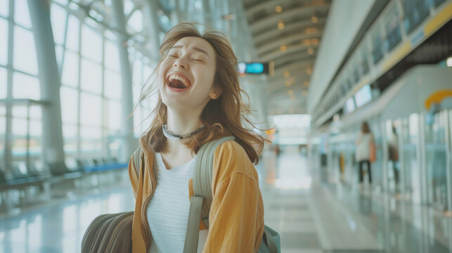 A joyful young woman, with hair flowing, laughs heartily in an airy, modern airport terminal, embodying the essence of carefree travel.