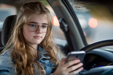 Naklejka premium A teen girl is driving a car while distractedly using her phone, focusing on the device rather than the road ahead