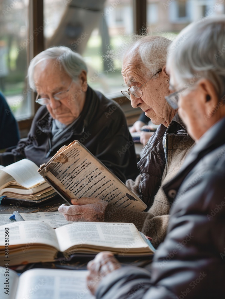 Aufkleber Elderly people study foreign languages together, immersed in textbooks and dictionaries in a cozy and inviting setting. Generative AI