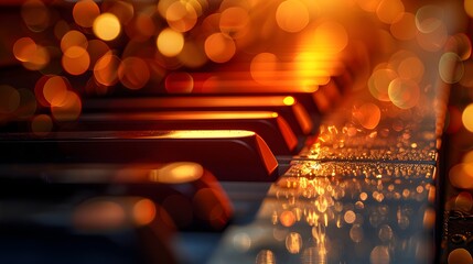 Piano keys macro shot, warm golden sunlight, bright highlights, soft focus background, intense bokeh effect, vibrant orange and red tones, reflective surface.