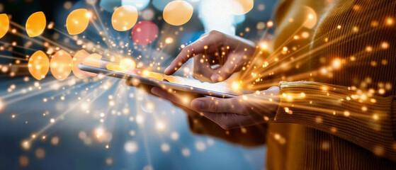 Sparkling Connection: Close-up shot woman's hand using a smartphone, dazzling array of golden light streaks, evoking a sense of excitement, connectivity, and the endless possibilities.