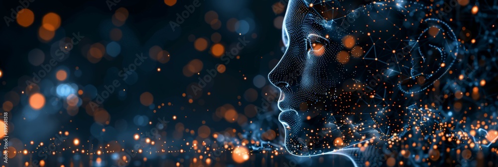 Poster digital face with glowing orange and blue patterns on a dark background. ai technology and advanced 