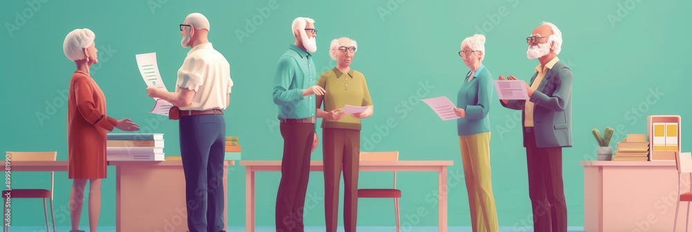 Poster a group of elderly people are actively discussing and sharing documents in a vibrant community cente