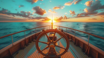 Fototapeta premium Ship's wheel on boat deck, intense sunlight, golden hour, lens flare, turquoise ocean, clear blue sky, wispy clouds, wooden deck, nautical adventure, ultra-wide angle.