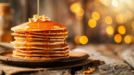 Stack of fluffy pancakes decorated with golden honey syrup set on a vintage wooden table with a cozy kitchen background