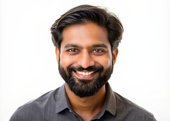 Fototapeta premium portrait of an attractive indian male in his 30s with a beard smile and looking into the camera isolated against a white background