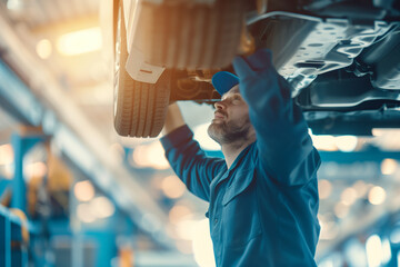 Car mechanic worker in blue uniform and cap repairing vehicle parts under the car in a modern garage. Professional technician service, auto maintenance occupation, automotive repai