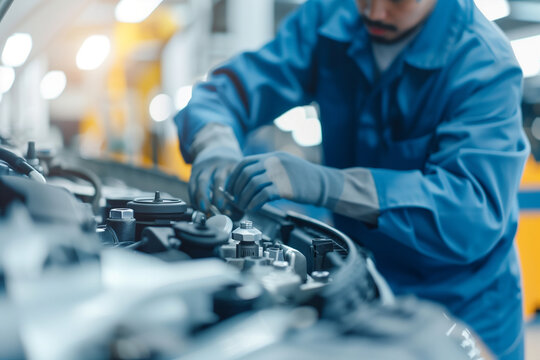 Auto technician in blue uniform and cap fixing car parts in a state-of-the-art garage. Professional mechanic, vehicle service and maintenance, automotive repair expertise, modern w