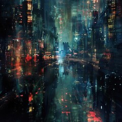 Fototapeta premium A dark and rainy cityscape at night