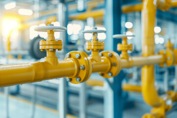 Modern industrial system with yellow pipes and valves in a factory. Pipeline construction and engineering, business facility installation, manufacturing infrastructure.
